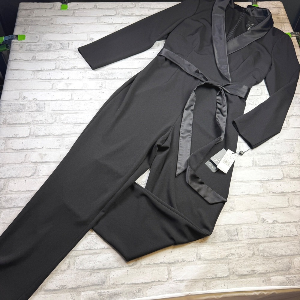Adrianna Papell Jumpsuit Womens 12 Black Satin Wrap Tuxedo AP1D102894 L/S NWT